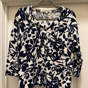 Studio Works Navy and White Leaf Print Buttoned Cardigan